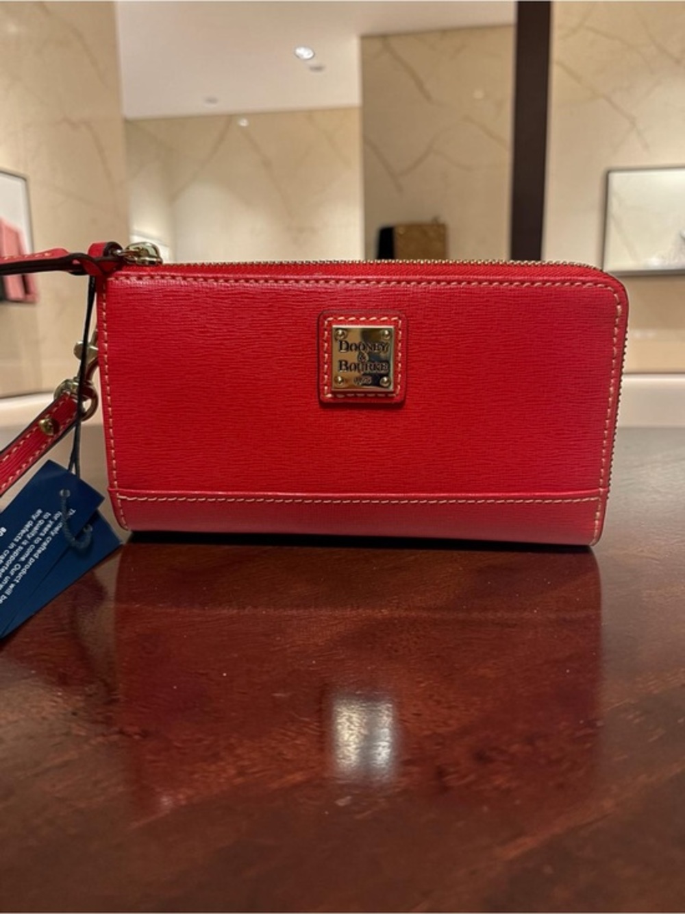 NWT Dooney & Bourke Red Saffiano Zip Leather Wristlet with Gold Logo